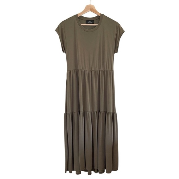 Anthropologie COA Sierra Knit Midi Cap Sleeve Tiered Dress Olive Green XS/S - Picture 2 of 10